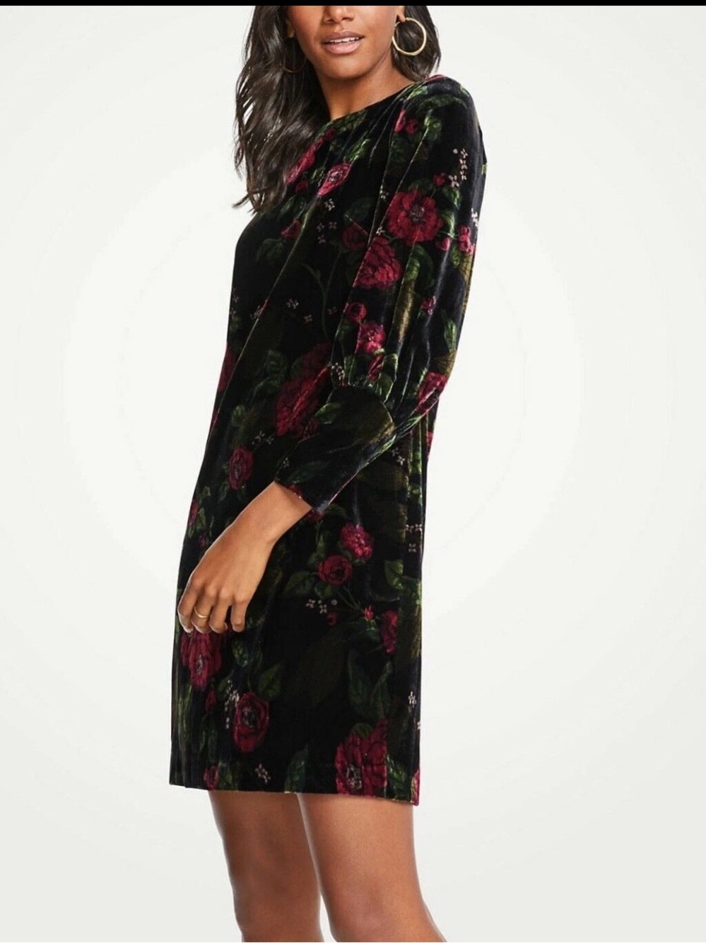 Ann Taylor Cuffed Floral Velvet Long Sleeve Shift Dress Women Size 8
